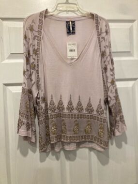 Free People Pale Lavender Embroidered V-Neck Tunic